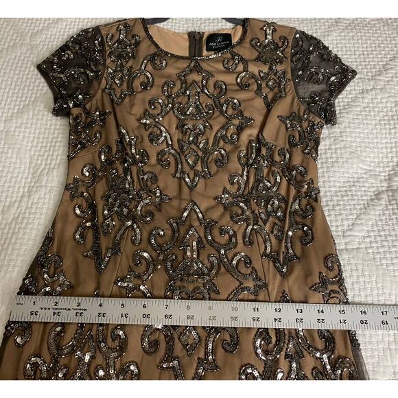 ADRIANNA PAPELL DRESS 2 SEQUIN BEADED MESH SHEER TAN NUDE SILVER MINI COCKTAIL - Picture 14 of 16